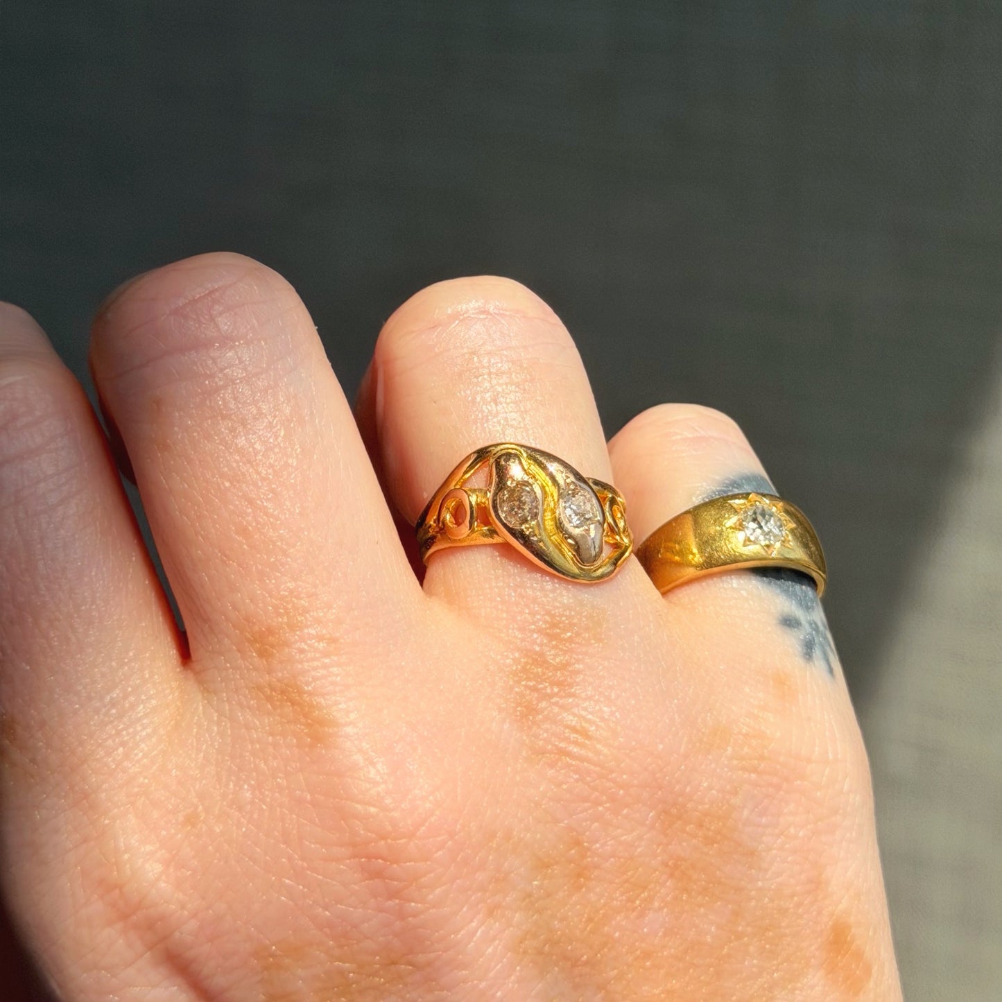 18k Antique Two-Tone Old Cut Diamond Snake Ring