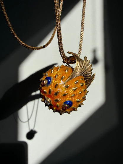 18k Enamel Puffer Fish Brooch