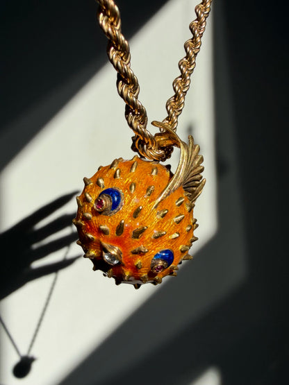 18k Enamel Puffer Fish Brooch