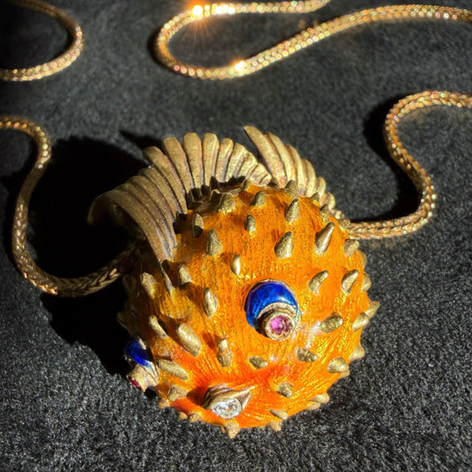 18k Enamel Puffer Fish Brooch