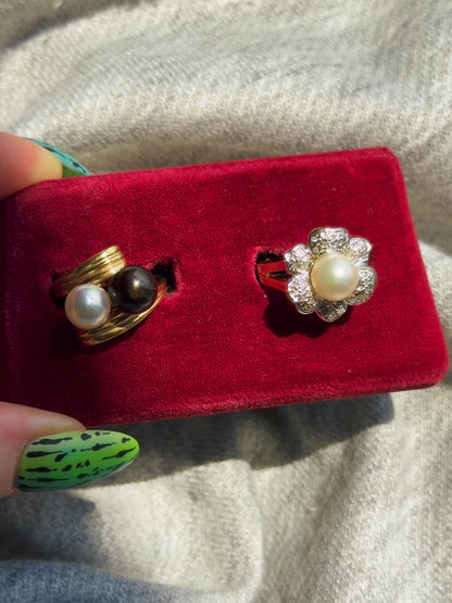 14k Pearl & Diamond Flower Ring